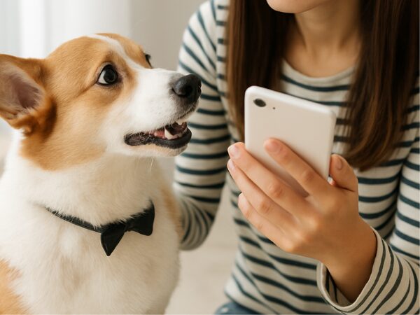 飼い犬のコーギーの体調について専門医にスマホで相談する飼い主の写真